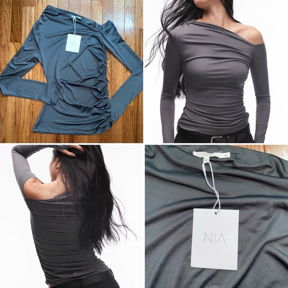 NEW $78 NIA Cleo off-shoulder slinky top in charcoal MEDIUM NWT
